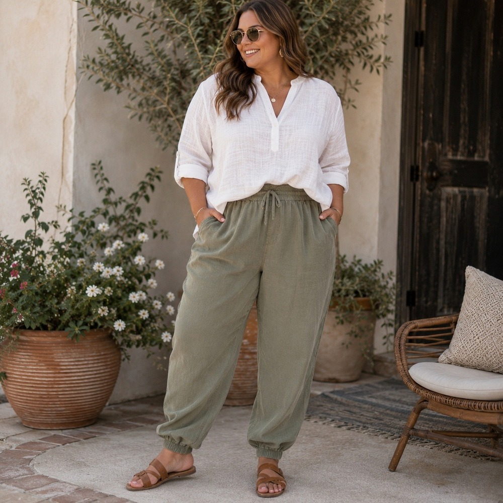 Wonderly Linen Lyocell Olive Green Jogger Pants Women's 1X Pull-On Drawstring
